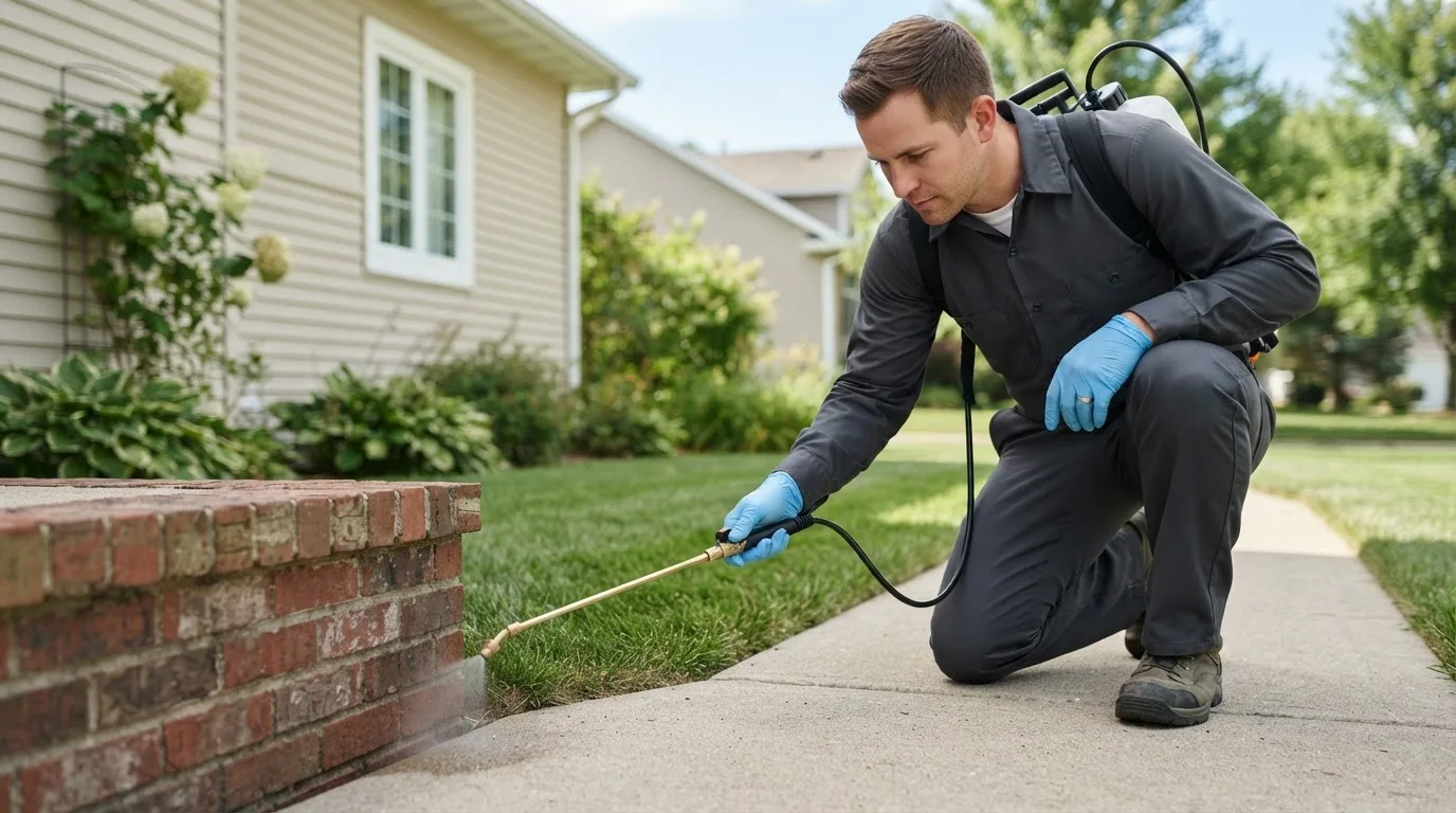 Pest control technician treating a home near Milwaukie, OR